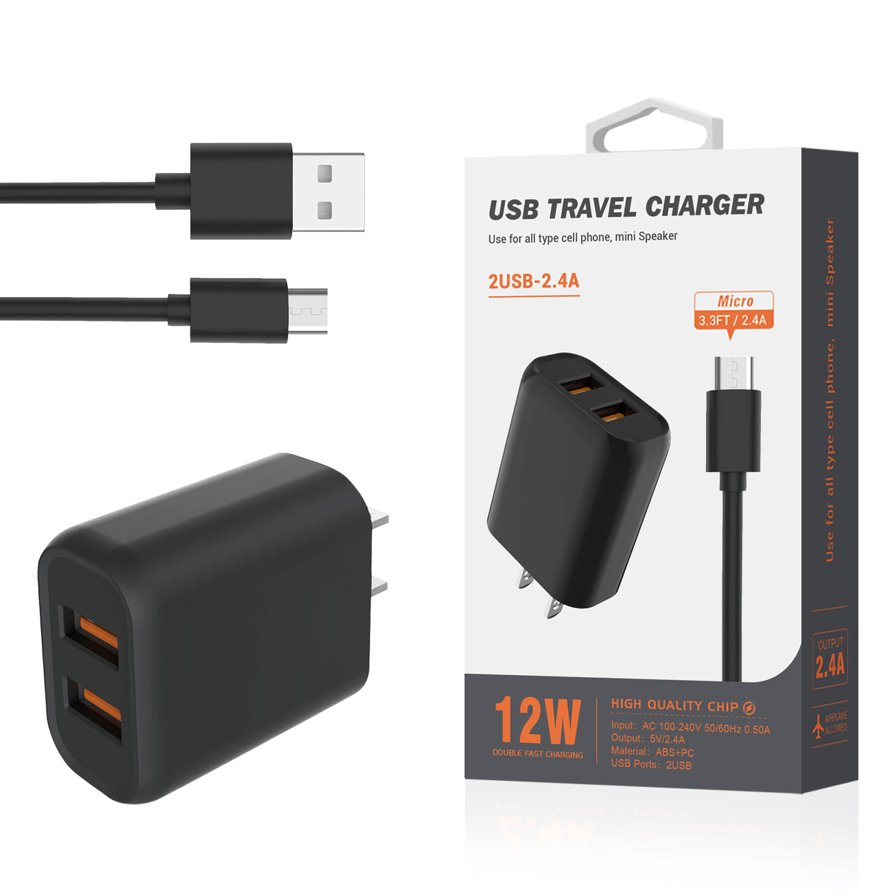 Reiko Micro Portable Travel Home Charger With Built In 5 Ft Cable In Black